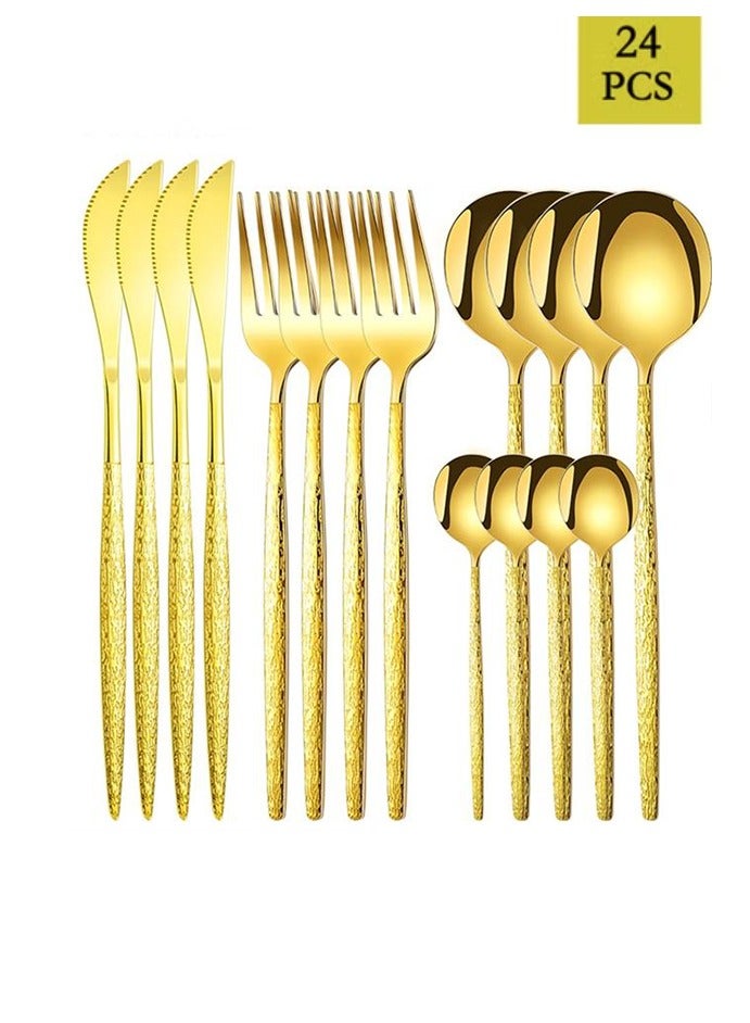 طقم أدوات مائدة من الفولاذ المقاوم للصدأ البرتغالي مكون من 24 قطعة، طقم أدوات مائدة بمقابض تشبه اللحاء، مناسب لـ 6 أشخاص للاستخدام اليومي في المنزل، أدوات مائدة مصقولة بلمعان تأتي في علبة تعبئة ملونة، مثالي للحفلات والأعراس والتجمعات - Image 1