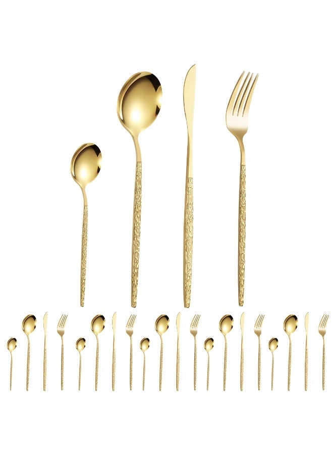 طقم أدوات مائدة من الفولاذ المقاوم للصدأ البرتغالي مكون من 24 قطعة، طقم أدوات مائدة بمقابض تشبه اللحاء، مناسب لـ 6 أشخاص للاستخدام اليومي في المنزل، أدوات مائدة مصقولة بلمعان تأتي في علبة تعبئة ملونة، مثالي للحفلات والأعراس والتجمعات - Image 2
