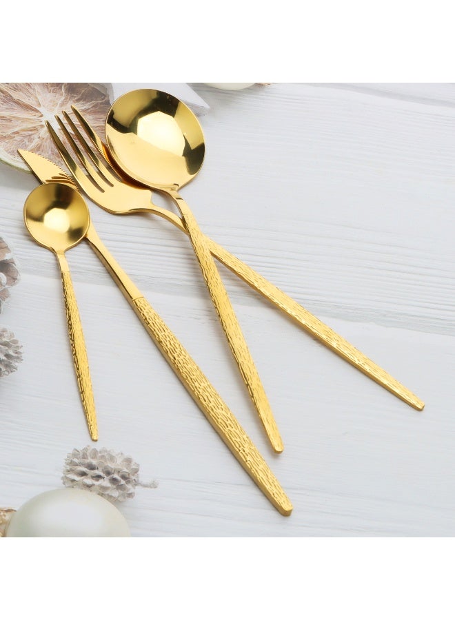 طقم أدوات مائدة من الفولاذ المقاوم للصدأ البرتغالي مكون من 24 قطعة، طقم أدوات مائدة بمقابض تشبه اللحاء، مناسب لـ 6 أشخاص للاستخدام اليومي في المنزل، أدوات مائدة مصقولة بلمعان تأتي في علبة تعبئة ملونة، مثالي للحفلات والأعراس والتجمعات - Image 5