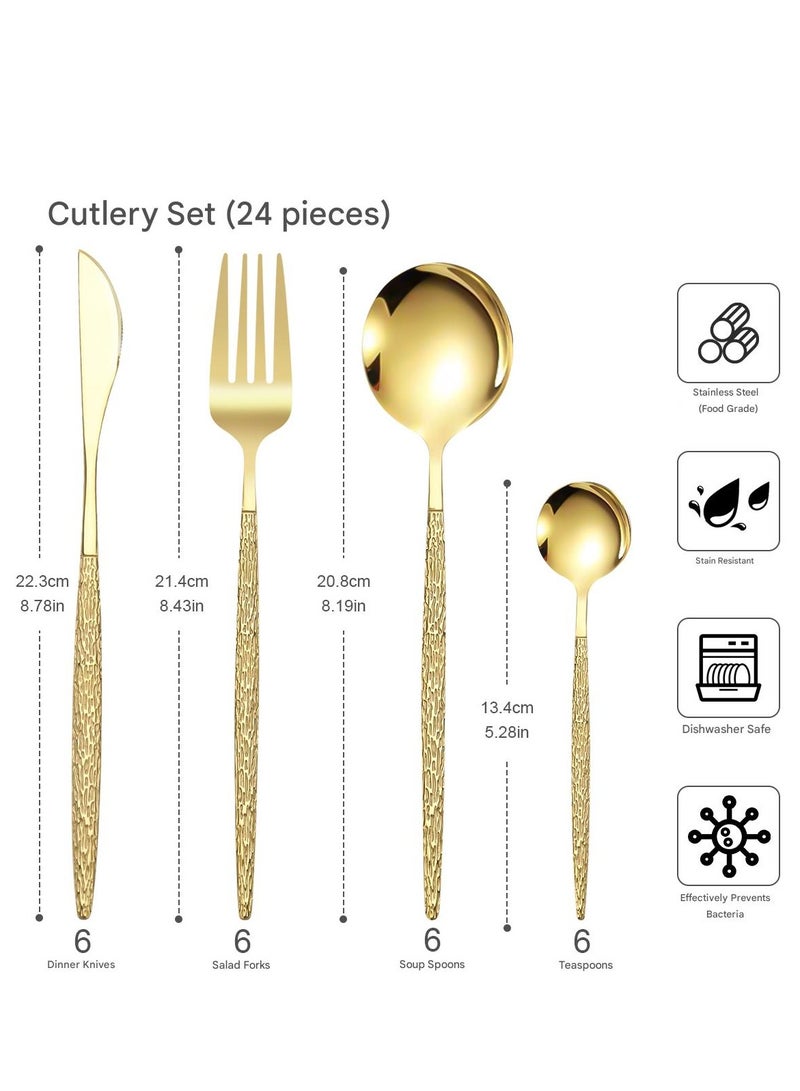 طقم أدوات مائدة من الفولاذ المقاوم للصدأ البرتغالي مكون من 24 قطعة، طقم أدوات مائدة بمقابض تشبه اللحاء، مناسب لـ 6 أشخاص للاستخدام اليومي في المنزل، أدوات مائدة مصقولة بلمعان تأتي في علبة تعبئة ملونة، مثالي للحفلات والأعراس والتجمعات - Image 3