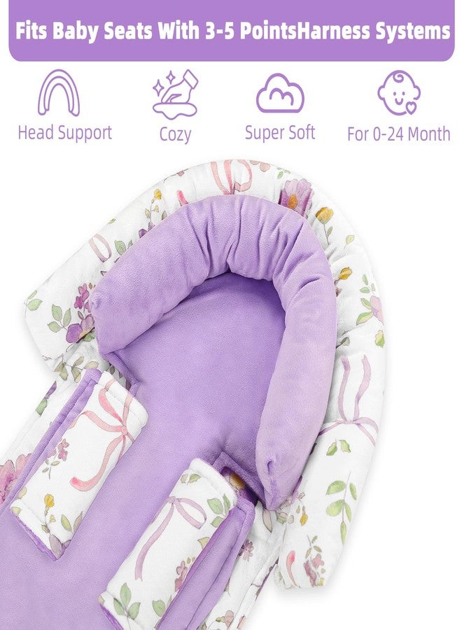 SWESEN Infant Car Seat Insert & Strap Covers, Car Seat Head Support for Baby Girls Boys, 2 in 1 Soft Plush Car Seat Insert for Newborns, for Infants Aged 0-12 (Purple Floral) - Image 2