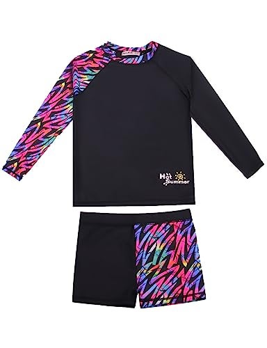 weVSwe Girls' Swimwear Bathing Suits for Girls UV Protection Two Pieces Rash Guard Swimsuit Set Long Sleeve Bathing Suit UPF 50+ Black Pink 7/8T - Image 1