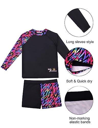 weVSwe Girls' Swimwear Bathing Suits for Girls UV Protection Two Pieces Rash Guard Swimsuit Set Long Sleeve Bathing Suit UPF 50+ Black Pink 7/8T - Image 3
