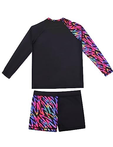 weVSwe Girls' Swimwear Bathing Suits for Girls UV Protection Two Pieces Rash Guard Swimsuit Set Long Sleeve Bathing Suit UPF 50+ Black Pink 7/8T - Image 2