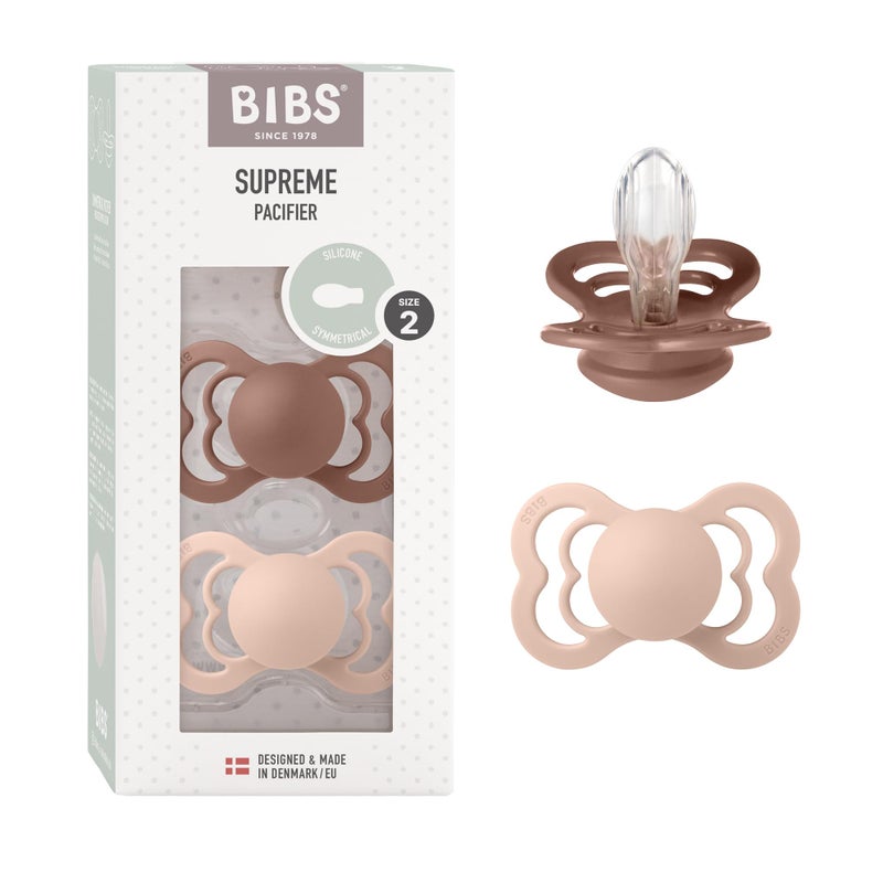 BIBS Pacifiers - Supreme Collection | Symmetrical Nipple | Silicone | Made in Denmark | Set of 2 Woodchuck/Blush Color Premium Soothers | Size 6-18 Months - Image 1