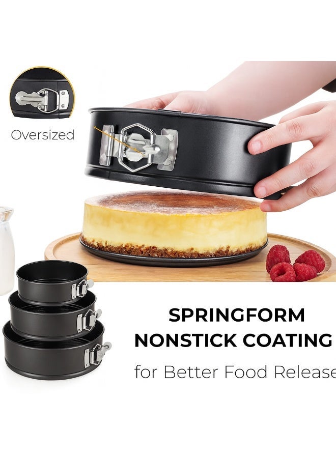 3-Piece Springform Cake Pan Set (24cm + 26cm + 28cm) – Non-Stick Carbon Steel Baking Moulds with Removable Bottom & Quick-Release Latch | Perfect for Cheesecakes, Desserts & Oven Baking - Image 1