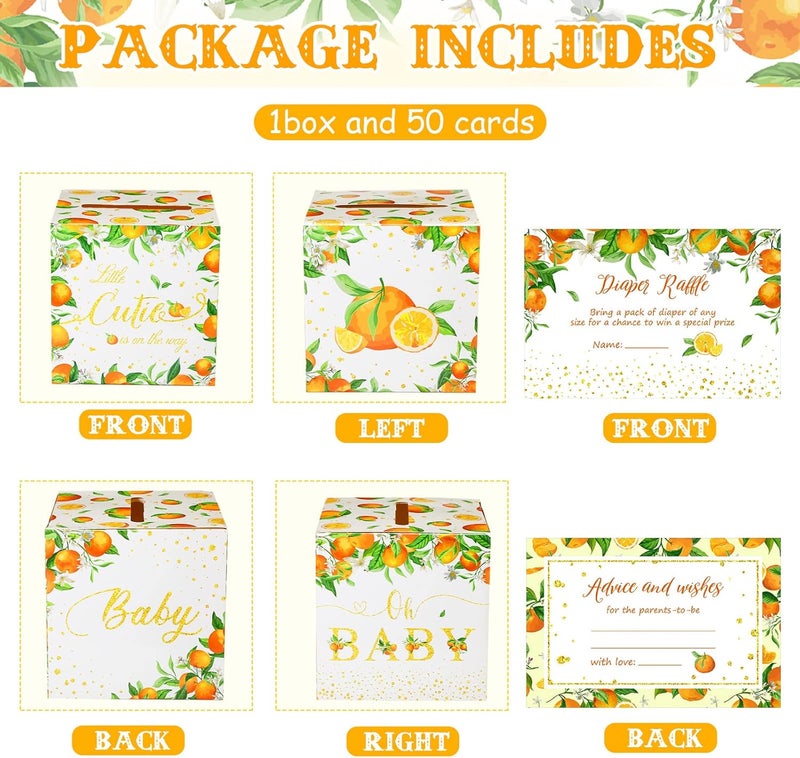 Fumete 51 Pcs Little Cutie Orange Diaper Raffle Card Box with Diaper Raffle Tickets Insert Card Little Cutie Orange Is on The Way, for Baby Shower Game Gender Reveal Party Decorations Supplies Prizes - Image 3