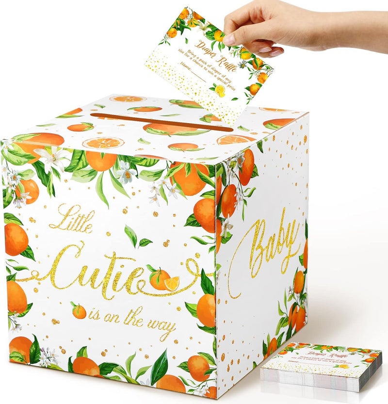 Fumete 51 Pcs Little Cutie Orange Diaper Raffle Card Box with Diaper Raffle Tickets Insert Card Little Cutie Orange Is on The Way, for Baby Shower Game Gender Reveal Party Decorations Supplies Prizes - Image 1