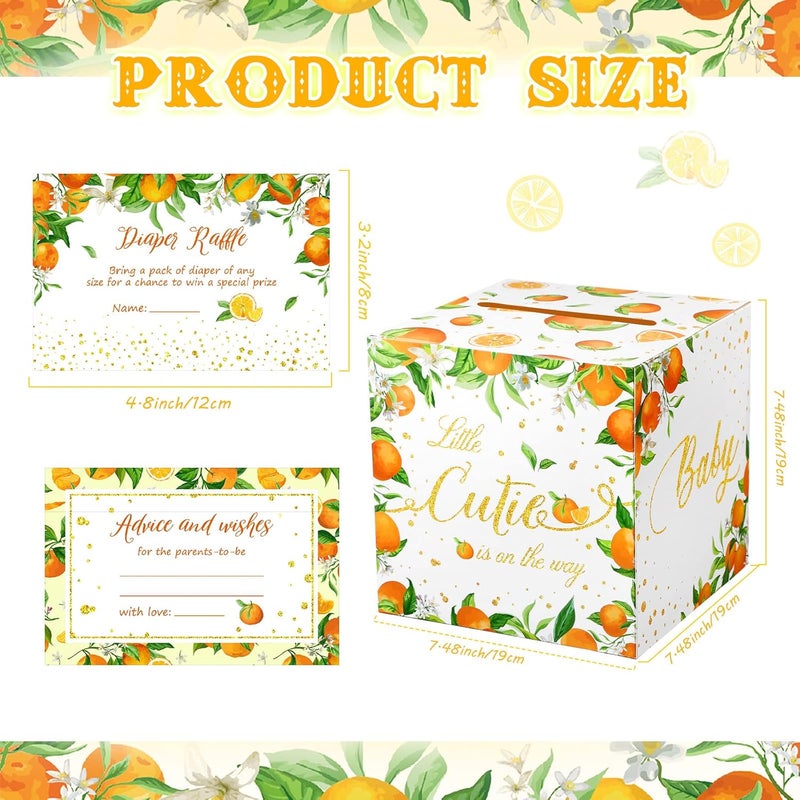 Fumete 51 Pcs Little Cutie Orange Diaper Raffle Card Box with Diaper Raffle Tickets Insert Card Little Cutie Orange Is on The Way, for Baby Shower Game Gender Reveal Party Decorations Supplies Prizes - Image 2