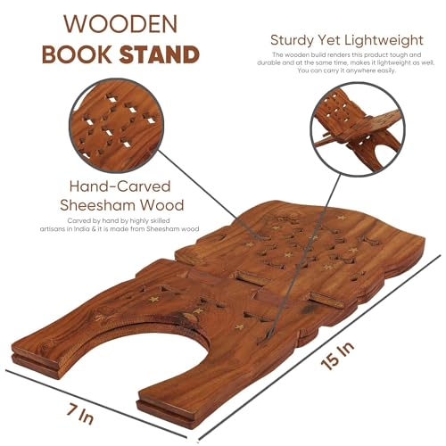 CRAFTY ESSENTIALS Wooden Hand Carved Book Stand Foldable Sheesham Wood Rehal for Holy Books, Brown, 15 x 7 Inches - Image 2