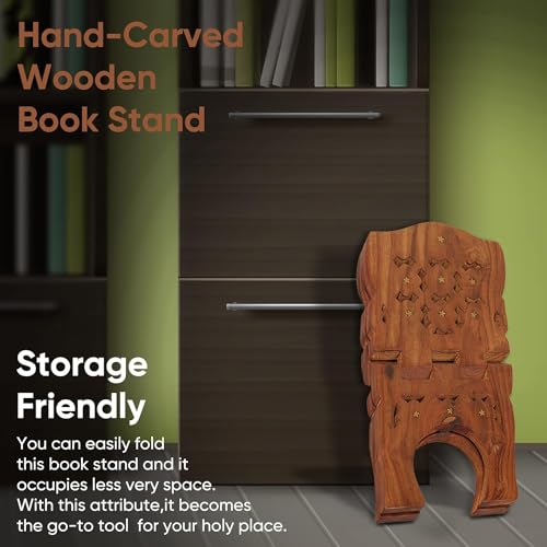 CRAFTY ESSENTIALS Wooden Hand Carved Book Stand Foldable Sheesham Wood Rehal for Holy Books, Brown, 15 x 7 Inches - Image 5