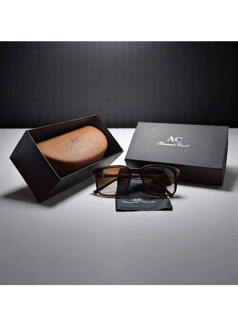Authentic Armando Cavelli sunglasses, crafted from carefully selected premium acetate for a luxurious look and longevity with extensive use. This model combines modernity and classic style, with a raw brown acetate front and brown -plated metal temples to complete your luxury look. Comes with premium polymer lenses offer UV400 protection in a gradient brown