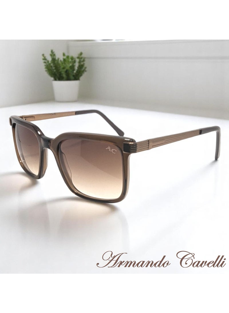 Authentic Armando Cavelli sunglasses, crafted from carefully selected premium acetate for a luxurious look and longevity with extensive use. This model combines modernity and classic style, with a raw brown acetate front and brown -plated metal temples to complete your luxury look. Comes with premium polymer lenses offer UV400 protection in a gradient brown
