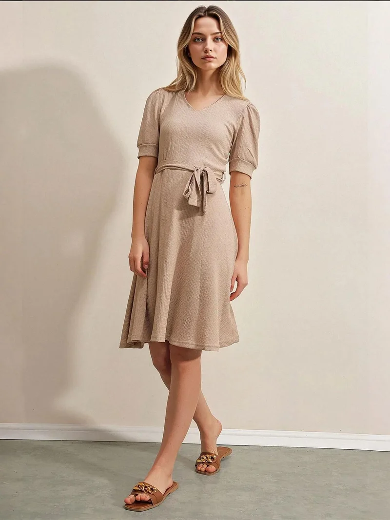 BIG DART BDART Textured V-Neck Midi Knit Dress with Bow