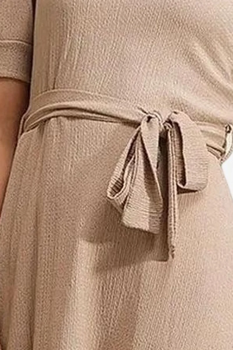 Big Dart Beige Natural BDART Textured V-Neck Midi Knit Dress with Bow for Women | Best Price UAE
