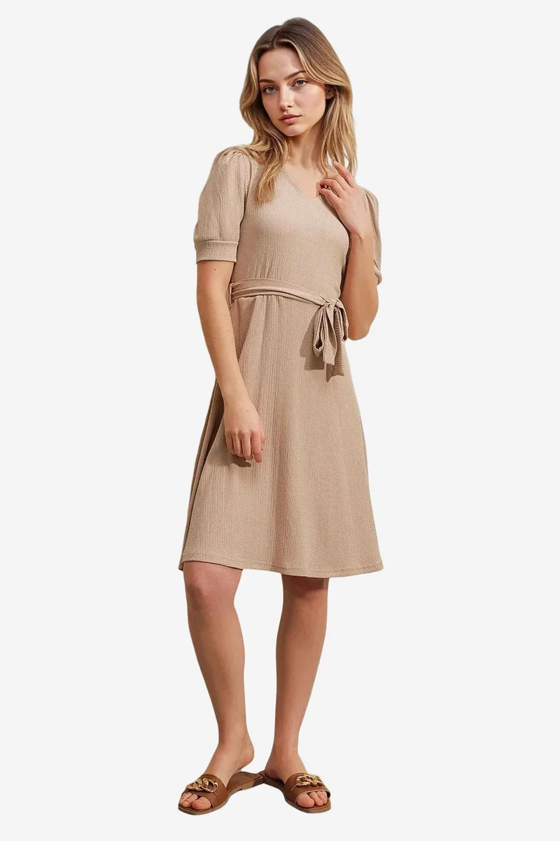 Big Dart Beige Natural BDART Textured V-Neck Midi Knit Dress with Bow for Women | Best Price UAE