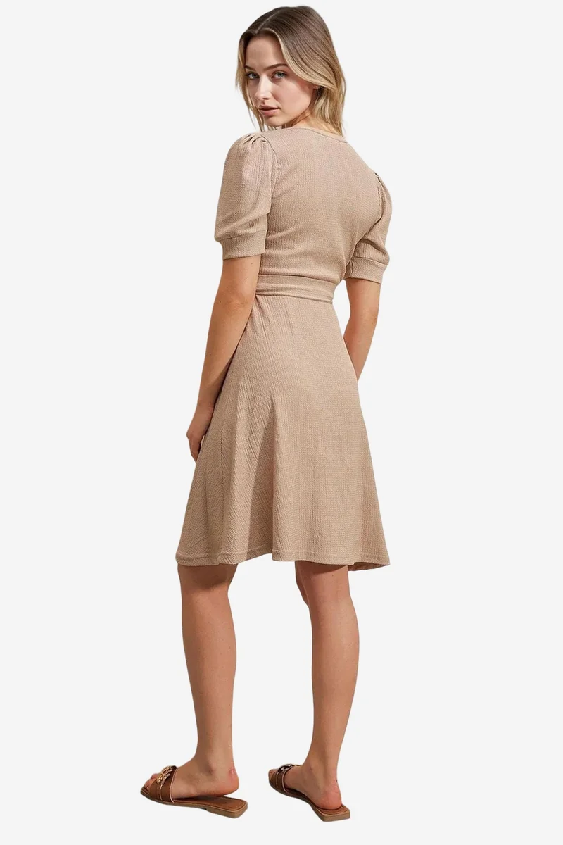 Big Dart Beige Natural BDART Textured V-Neck Midi Knit Dress with Bow for Women | Best Price UAE