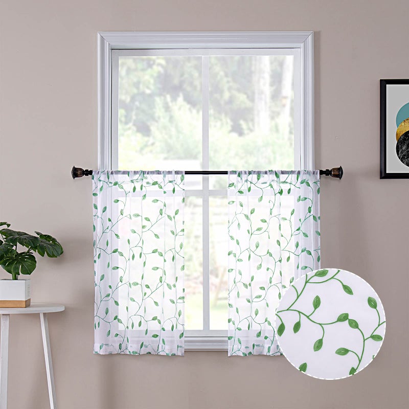 Tollpiz Tollpiz Leaves Short Sheer Tier Curtains Green Leaf Embroidery Kitchen Half Curtain Rod Pocket Voile Faux Linen Embroidered Leaves Curtains for Bathroom 30 x 24 inches Long Set of 2 Panels