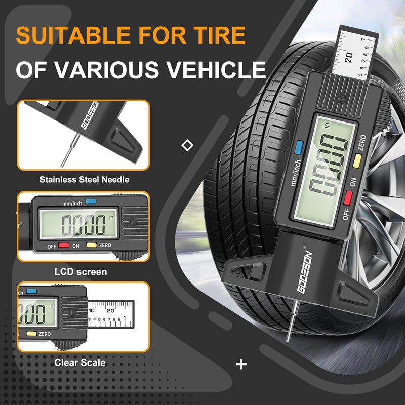 GODESON Digital Tyre Tread Depth Gauge with Large LCD Display - 0-25.4 mm / 1 inch Measuring Tool for Cars, Trucks, and Motorcycles - Image 3