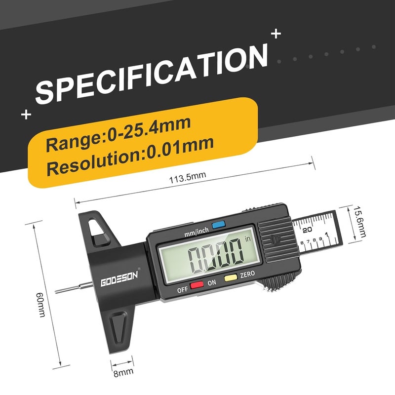 GODESON Digital Tyre Tread Depth Gauge with Large LCD Display - 0-25.4 mm / 1 inch Measuring Tool for Cars, Trucks, and Motorcycles - Image 4