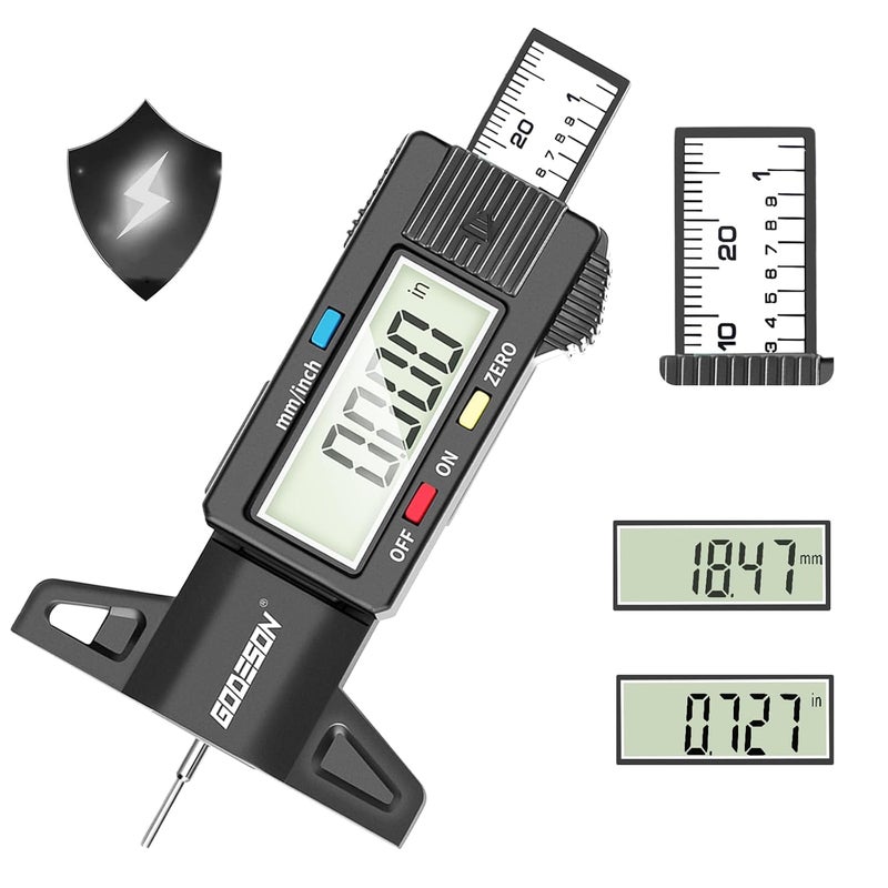 GODESON Digital Tyre Tread Depth Gauge with Large LCD Display - 0-25.4 mm / 1 inch Measuring Tool for Cars, Trucks, and Motorcycles - Image 1