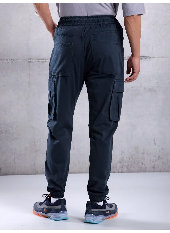 بيونغ Solid Cotton Navy Blue Cargo Joggers For Men