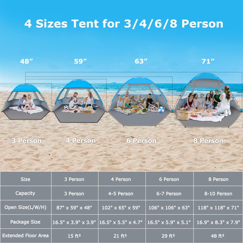 Venustas Beach Tent Sun Shelter for 3/4-5/6-7/8-10 Person, UPF 50+ UV Protection Beach Canopy, Lightweight and Easy Setup Cabana, Portable Beach Shade Tent - Image 2