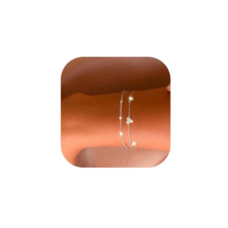 Poxtex Heart Bracelets for Women, 925 Sterling Silver Plated Bracelets for Women Waterproof, Zircon Gemstone Layered Bracelets, Multilayer Bracelets for Women - Image 1