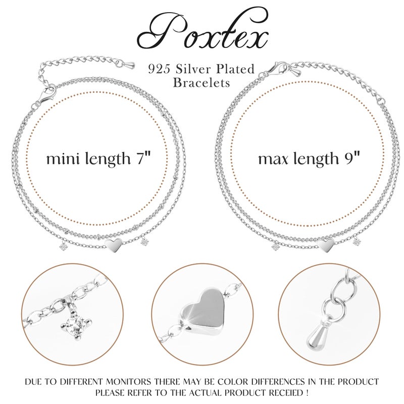 Poxtex Heart Bracelets for Women, 925 Sterling Silver Plated Bracelets for Women Waterproof, Zircon Gemstone Layered Bracelets, Multilayer Bracelets for Women - Image 2