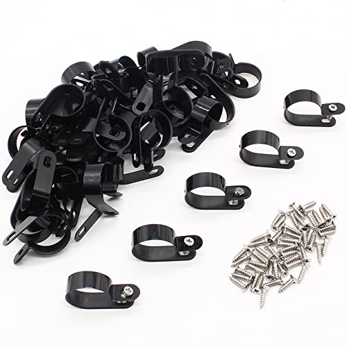 Coufce 50Pcs 1/4 Inch R-Type Cable Clip, P-Style Mounting Clips, Nylon Cable Clip Wire Clamp, Rope Light Screw Mounting Fastener Clips with Pan Head Phillips Screws for Cable Management(Black) - Image 1