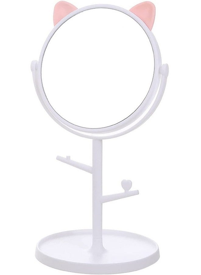 RoarCraft Desk Mirror in Cute Cat Ears, Rotatable Tabletop Vanity Makeup Mirror, Cosmetic Mirror with Stand, Tall Round Kawaii Make Up Mirror for Bedroom Bathroom (White) - Image 1