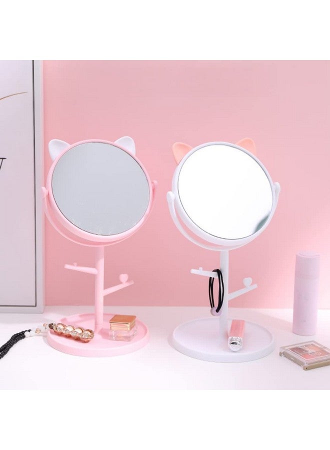 RoarCraft Desk Mirror in Cute Cat Ears, Rotatable Tabletop Vanity Makeup Mirror, Cosmetic Mirror with Stand, Tall Round Kawaii Make Up Mirror for Bedroom Bathroom (White) - Image 3