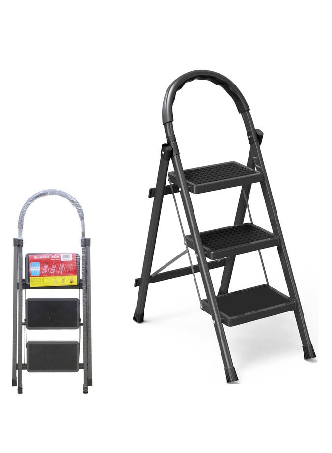 AL QADAH Step Ladder 3 Step Foldable Metal Gray 110x42cm Anti Slip Wide Pedals Safety Lock Tool Tray Compact Utility Ladder for Home Kitchen Office Use  - Image 4