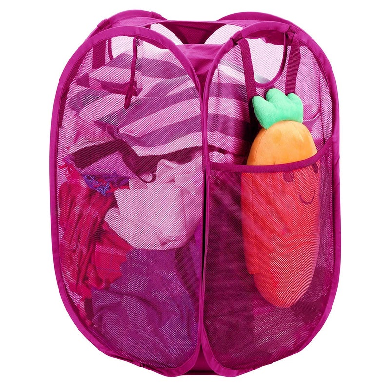 HOUSE AGAIN Strong Mesh Popup Laundry Hamper Quality Laundry Basket with Durable Handles Solid Bottom High Carbon Steel Frame Easy to Open and Fold Flat for Storage Pink