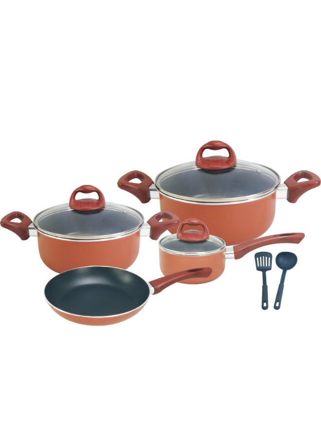 9-Piece Aluminum Cookware Set With Glass Lid & Heat Resistant Handle Size 16,20,24,24CM Brown 