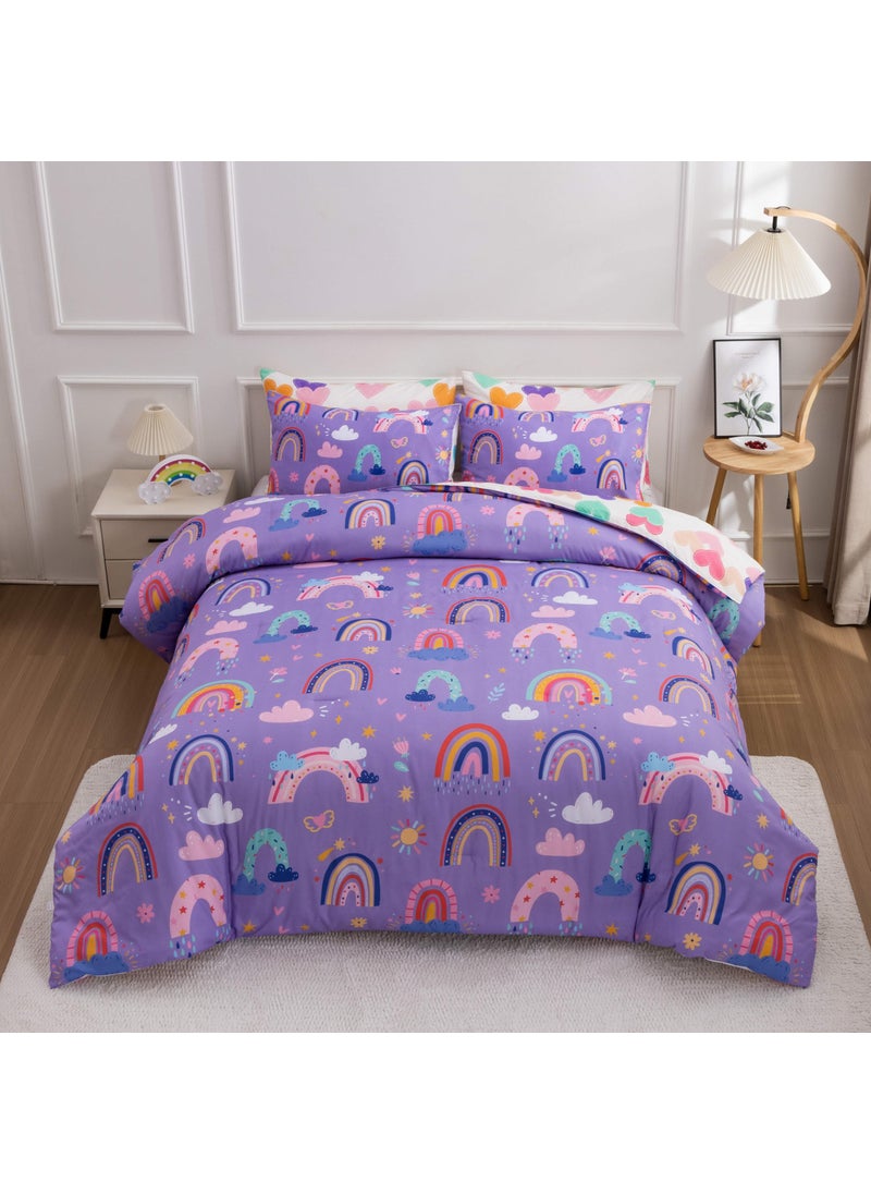 Btargot Btargot Lightweight Soft 3 Piece Rainbow Comforter Set with 2 Pillow Covers  Cartoon Love Hearts Flowers and Sun Star Bedding Set for Girls Boys Kids  Twin Dark Purple  - Image 2