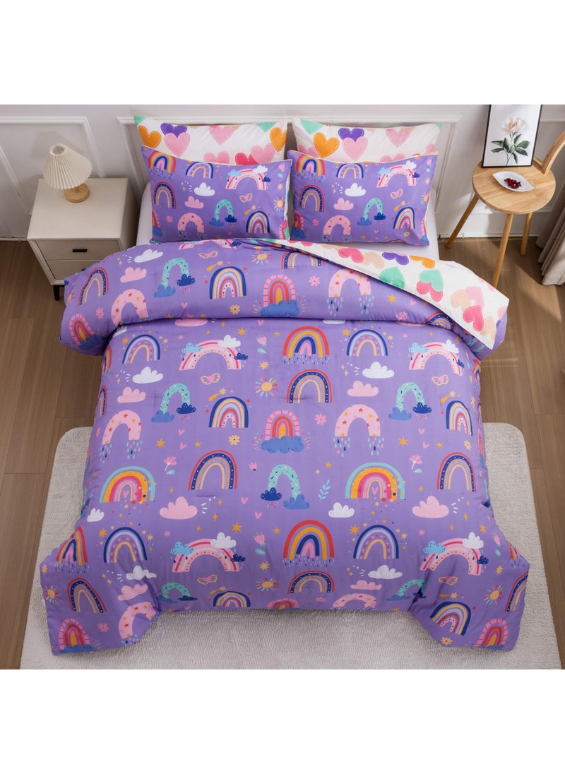 Btargot Btargot Lightweight Soft 3 Piece Rainbow Comforter Set with 2 Pillow Covers  Cartoon Love Hearts Flowers and Sun Star Bedding Set for Girls Boys Kids  Twin Dark Purple  - Image 1
