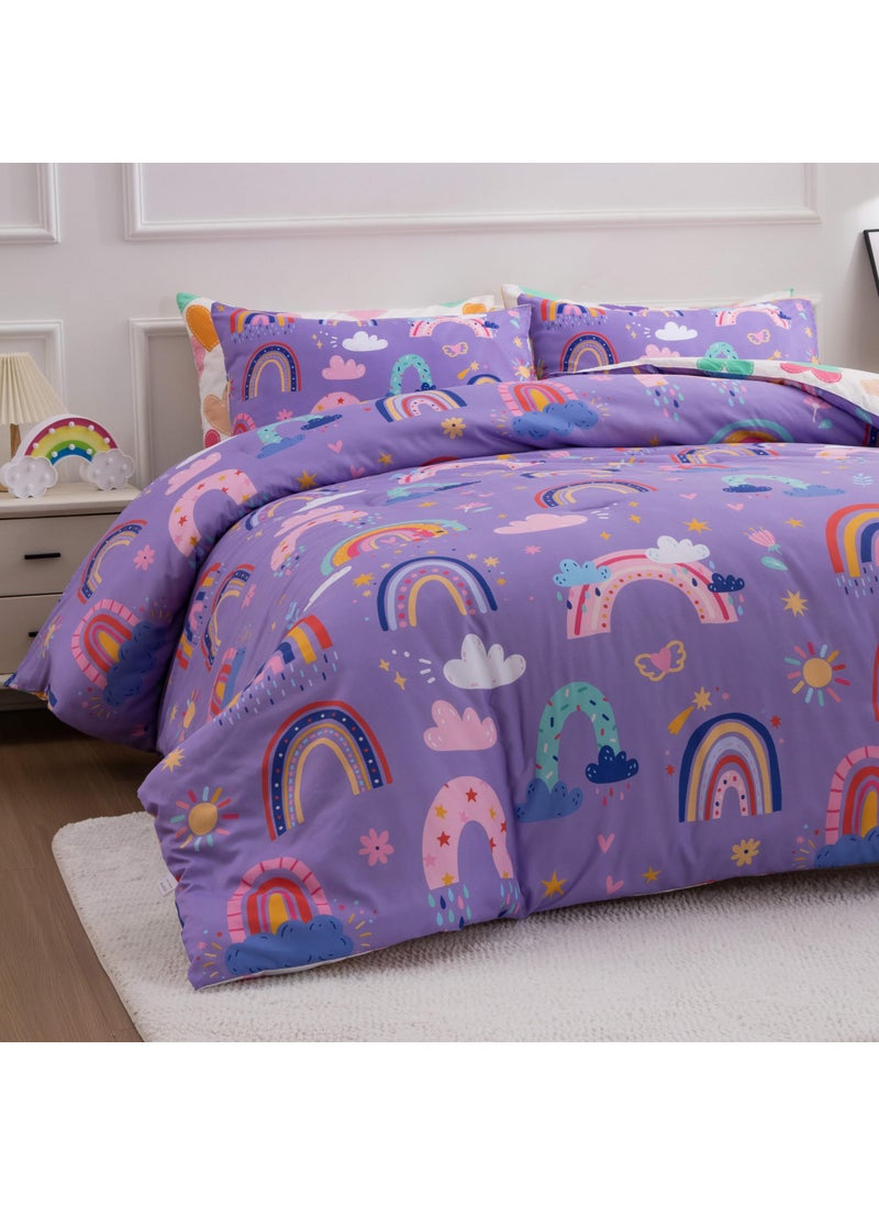 Btargot Btargot Lightweight Soft 3 Piece Rainbow Comforter Set with 2 Pillow Covers  Cartoon Love Hearts Flowers and Sun Star Bedding Set for Girls Boys Kids  Twin Dark Purple  - Image 4