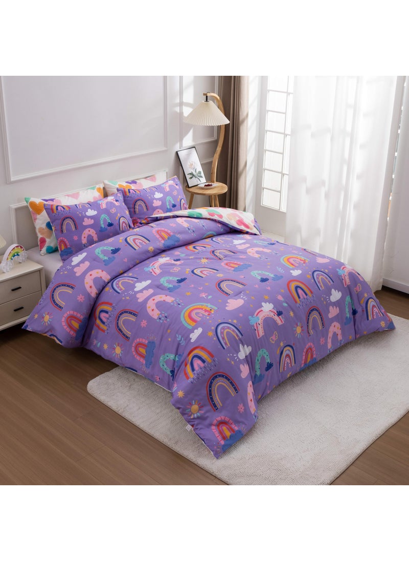 Btargot Btargot Lightweight Soft 3 Piece Rainbow Comforter Set with 2 Pillow Covers  Cartoon Love Hearts Flowers and Sun Star Bedding Set for Girls Boys Kids  Twin Dark Purple  - Image 3