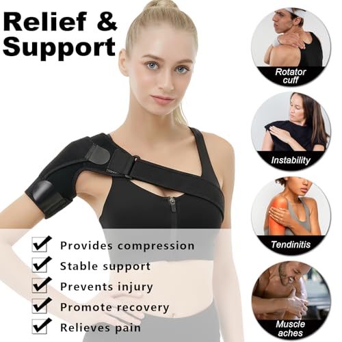 Charunee Shoulder Brace for Men & Women, Adjustable Shoulder Compression Sleeve Fits Left & Right Arms, Breathable Rotator Cuff Relief Brace for Pain Relief Compatible with Hot/Cold Pack (1, Black) - Image 3