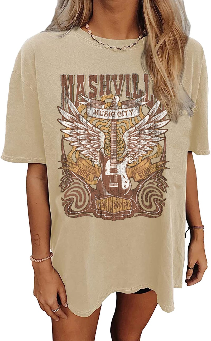 MHTOR Oversized Rock Band T-Shirt Women Country Music Shirt Tops Nashville Music City Tshirt Vintage Guitar Wings Graphic Tees(Medium,Beige) - Image 1