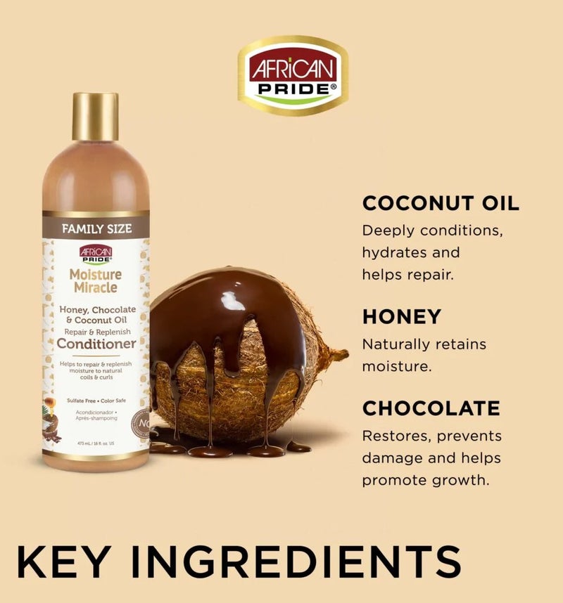 African Pride Moisture Miracle Honey, Chocolate & Coconut Oil Conditioner 473ml | Repair & Replenish Conditioner for Dry Coils & Curls | Deep Moisture, Nourishment & Shine - Image 3