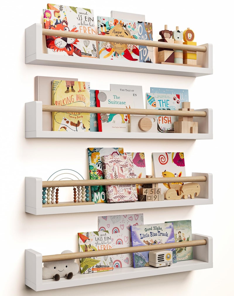 Seocry Nursery Book Shelves, 4 Pack, Wall Book Shelves for Kids Room, Baby, Toddler, Nursery Decor (White Wood, 23.1 Inches) - Image 1