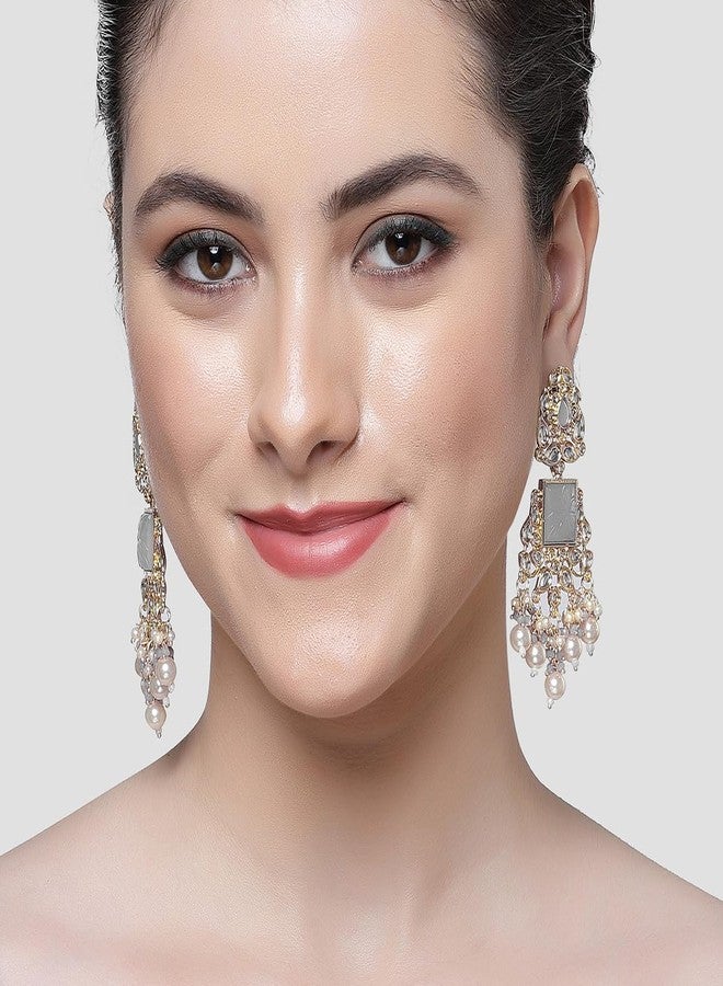 Karatcart Gold Plated Grey Carved Stone Kundan Drop Earrings for Women - Image 3