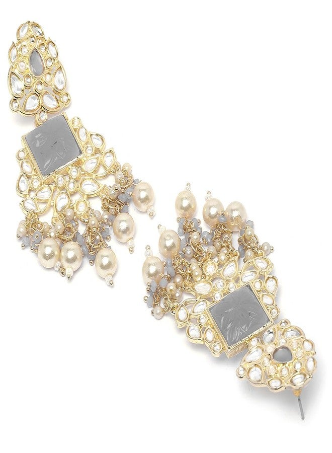 Karatcart Gold Plated Grey Carved Stone Kundan Drop Earrings for Women - Image 5