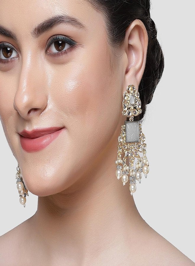 Karatcart Gold Plated Grey Carved Stone Kundan Drop Earrings for Women - Image 2