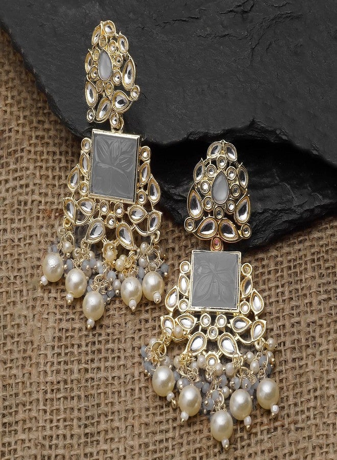 Karatcart Gold Plated Grey Carved Stone Kundan Drop Earrings for Women - Image 4