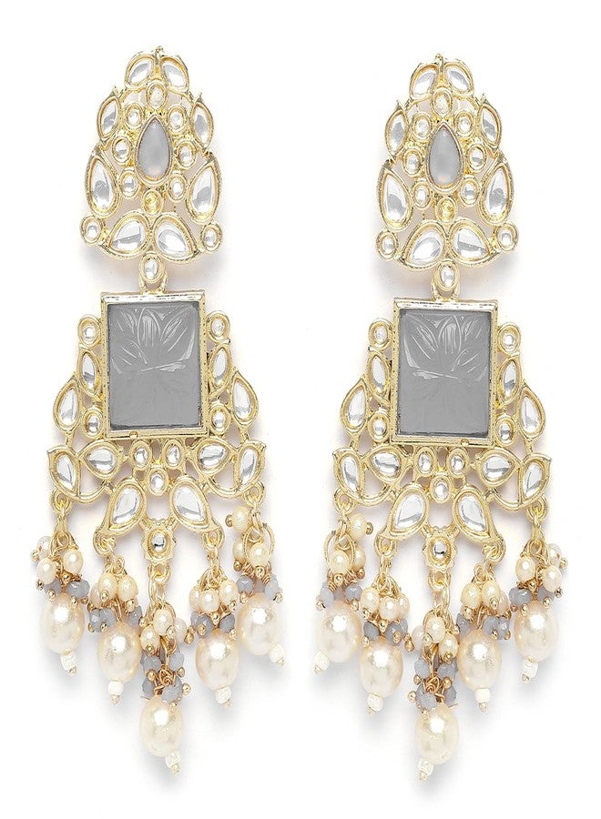 Karatcart Gold Plated Grey Carved Stone Kundan Drop Earrings for Women - Image 1
