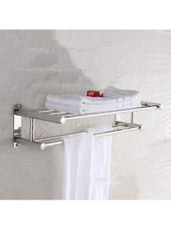 Bathroom Lavatory Towel Rack 2 Layer With 2 Towel Bars With Hooks Stainless Steel Wall Mount Shelf Shower Caddy No Drilling And No Screw
