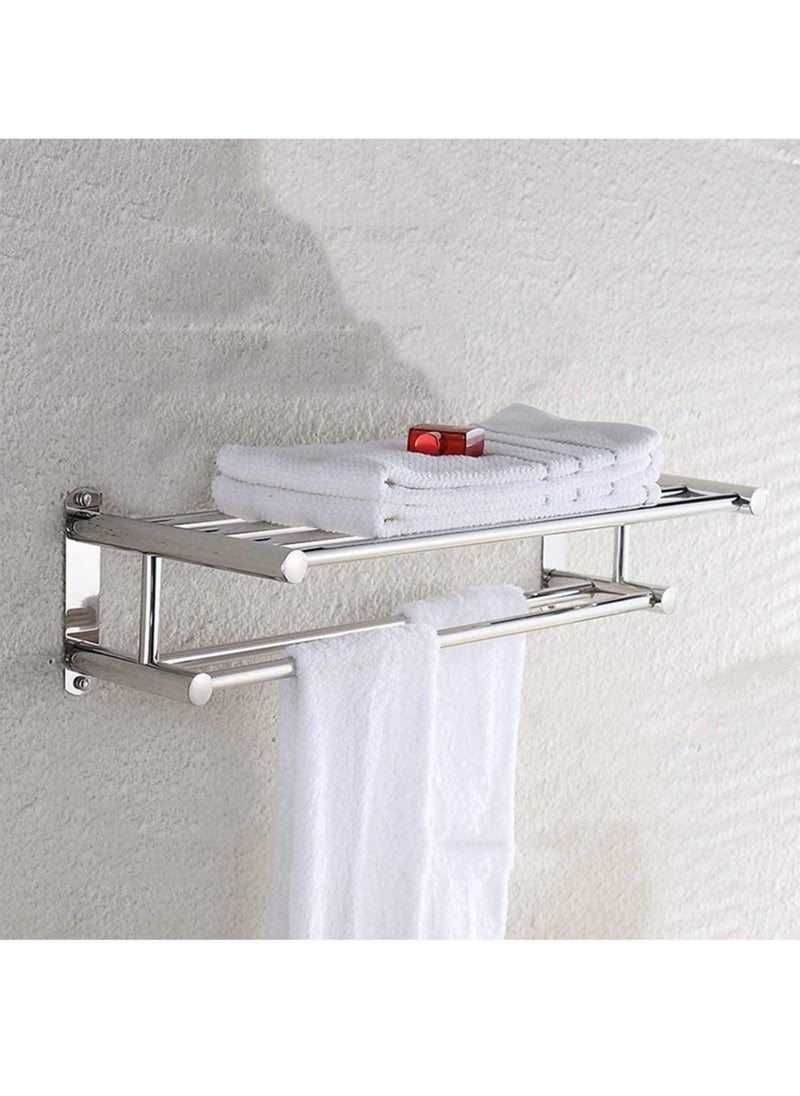 RACK STORE - Bathroom Lavatory Towel Rack 2 Layer With 2 Towel Bars With Hooks Stainless Steel Wall Mount Shelf Shower Caddy No Drilling And No Screw - Image 1